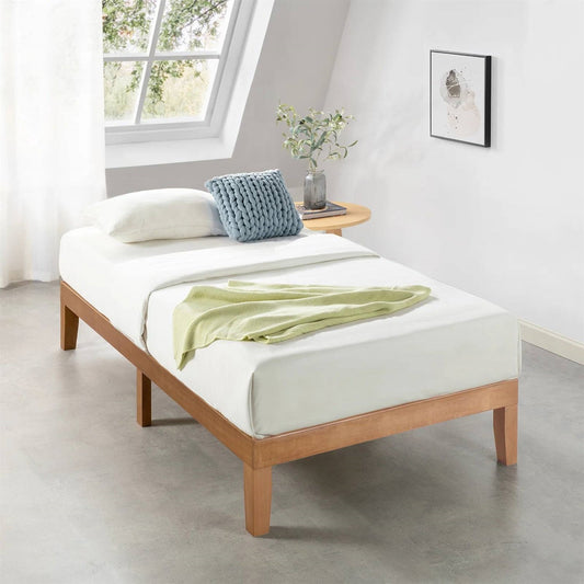 Armazón de cama individual de madera maciza con plataforma y acabado en madera natural