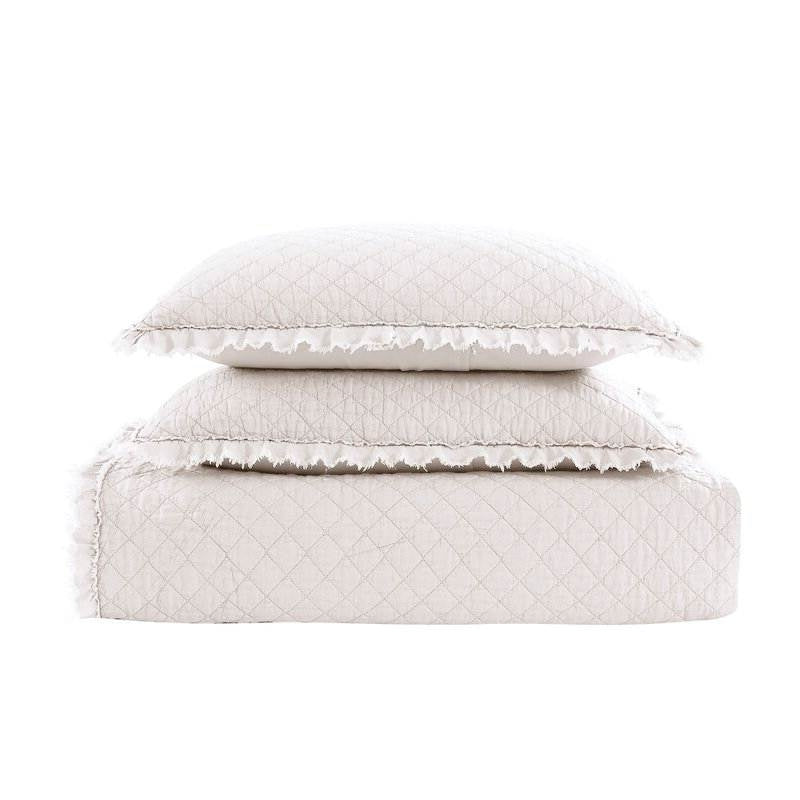 Juego de Colcha Microfibra Acolchada con Diamantes Estilo Casa de Campo Blanca Individual con Bordes Deshilachados