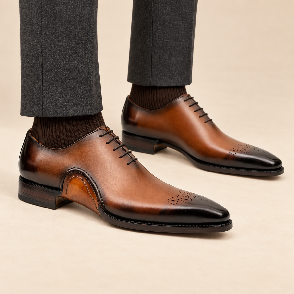 Tan Square-Toe Calf Leather Oxford Shoes