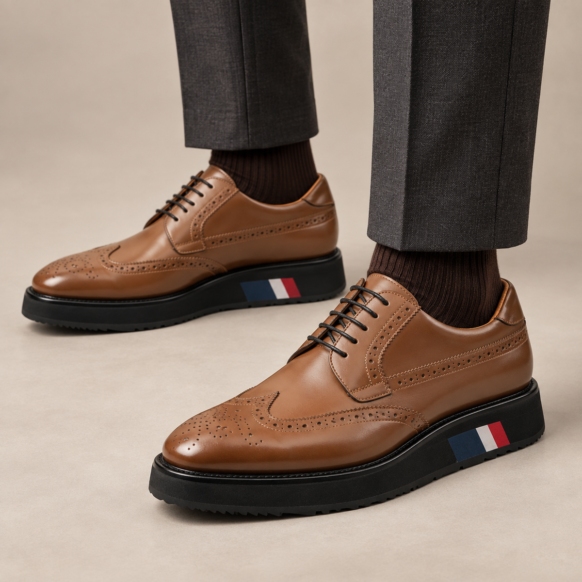 Tan Wingtip Calf Leather Derby Shoes