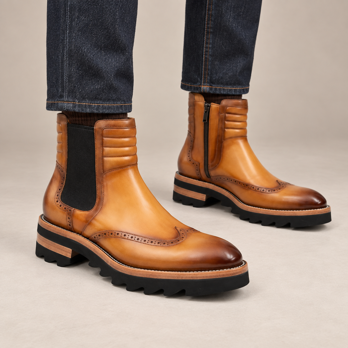 Tan Wingtip Cow Leather Chelsea Boots