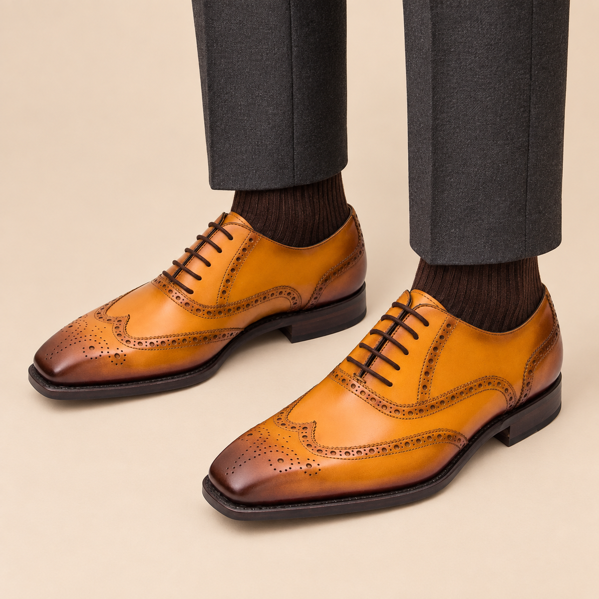 Tan Wingtip Cow Leather Oxford Shoes