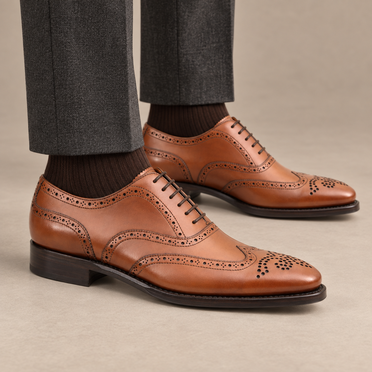 Tan Wingtip Cow Leather Oxford Shoes
