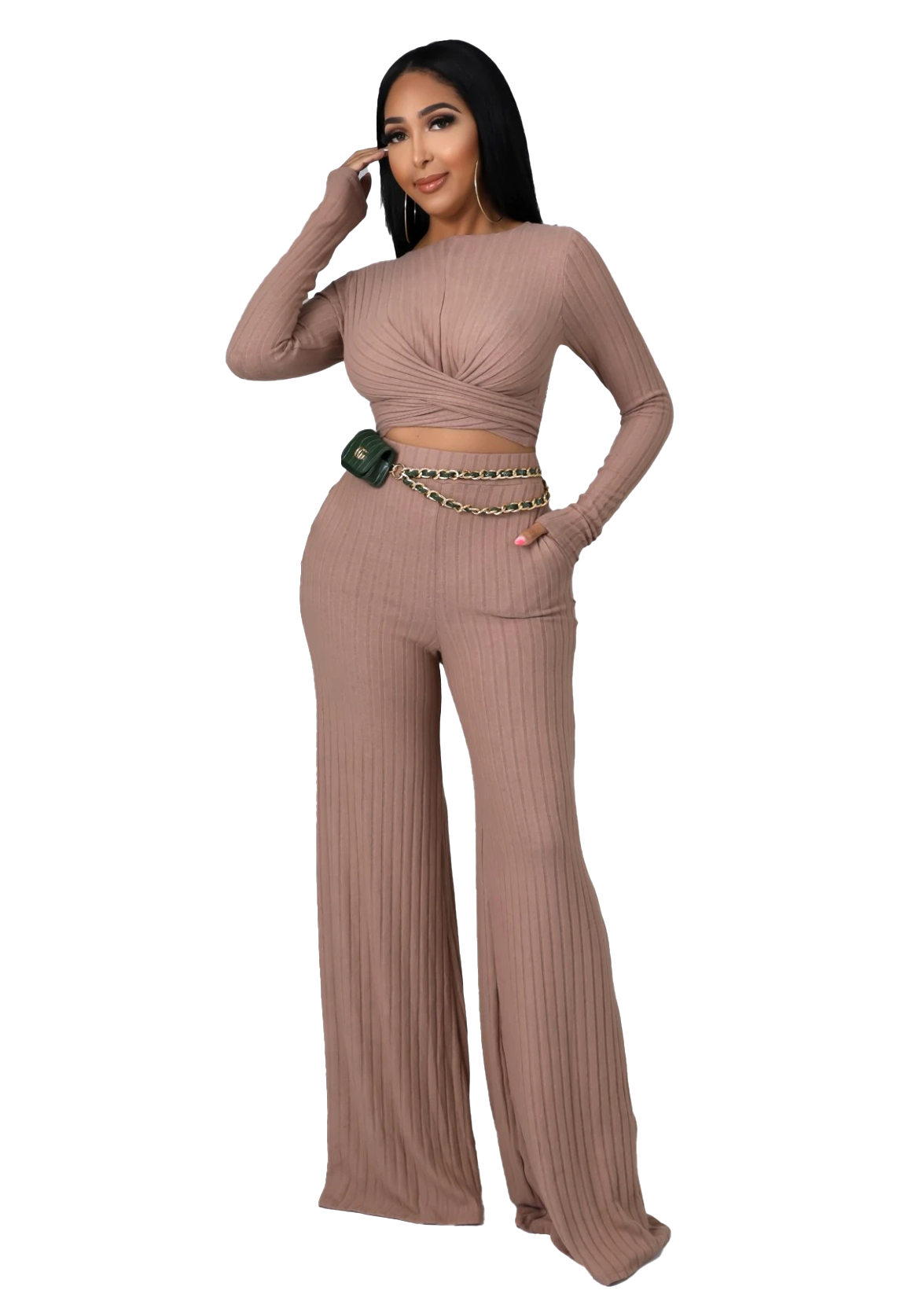 Conjunto de 2 piezas de crop top y falda acanalados convertibles color topo {Ideal para chicas altas}