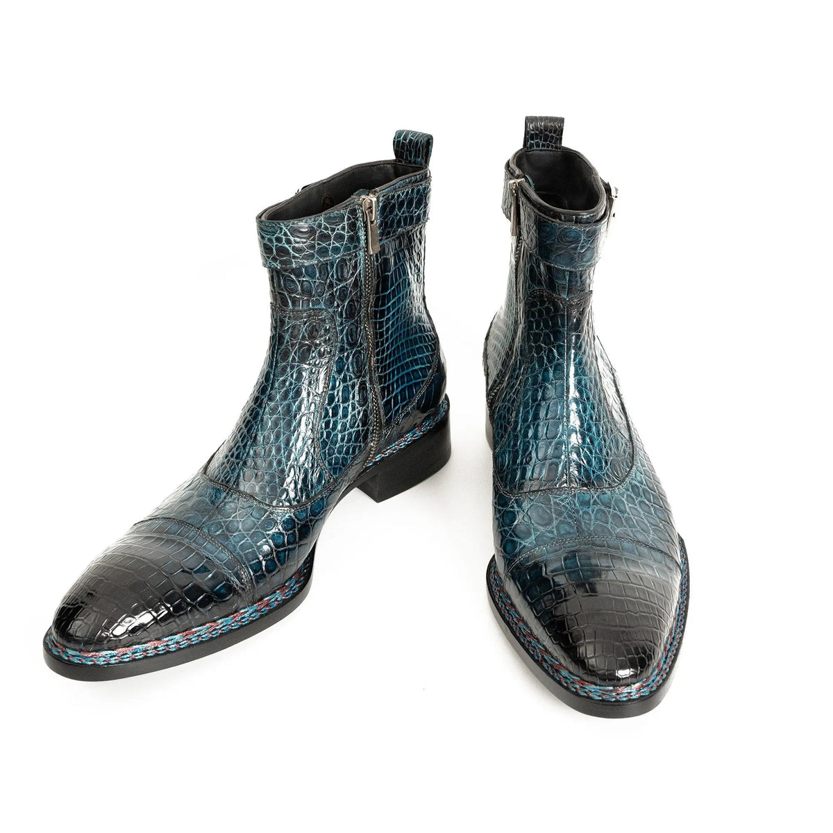 Teal Crocodile Leather Buckle Ankle Boots
