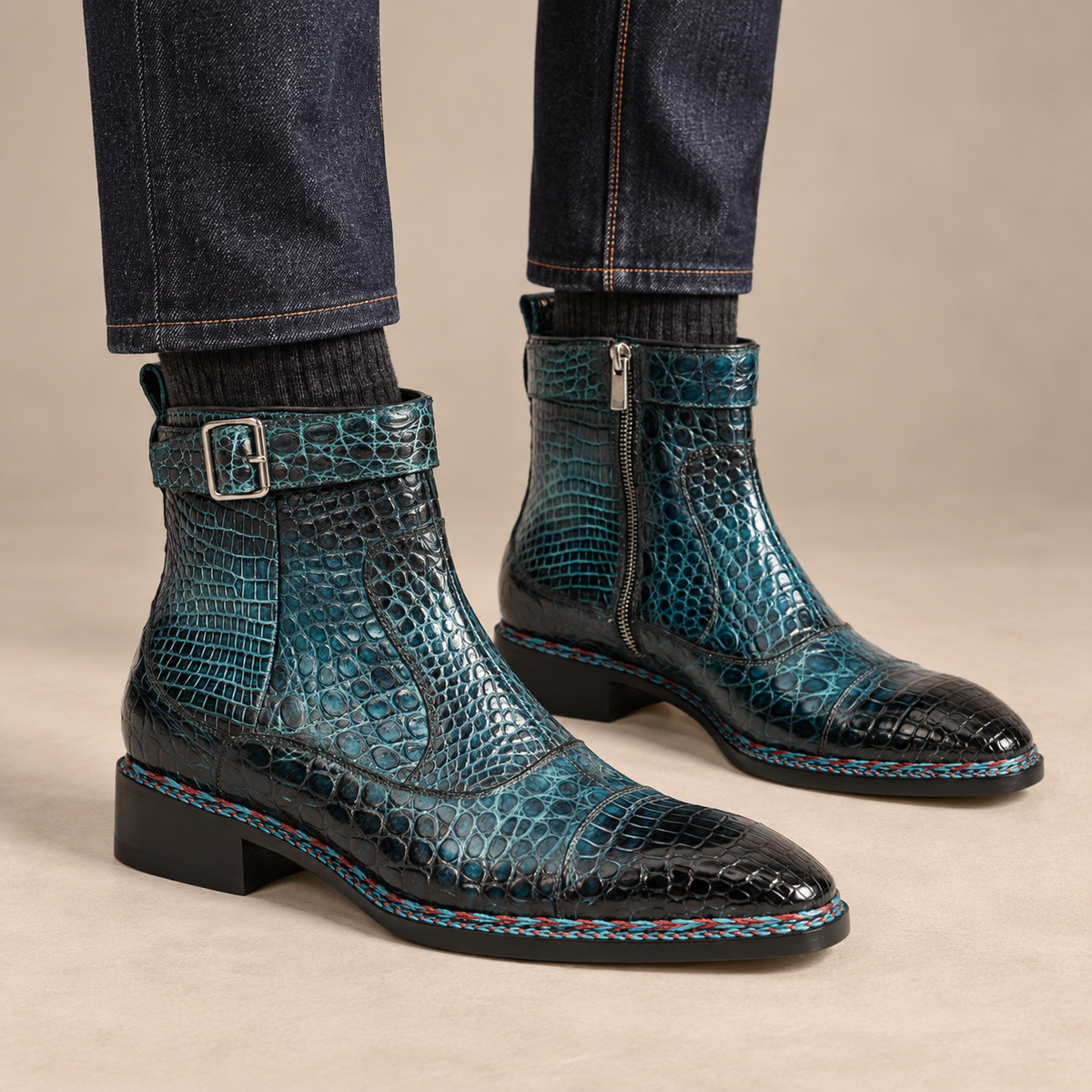 Teal Crocodile Leather Buckle Ankle Boots