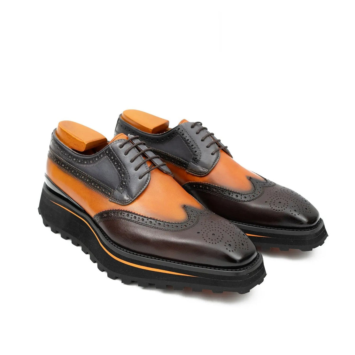 Orange-Brown Wingtip Calf Leather Derby Shoes