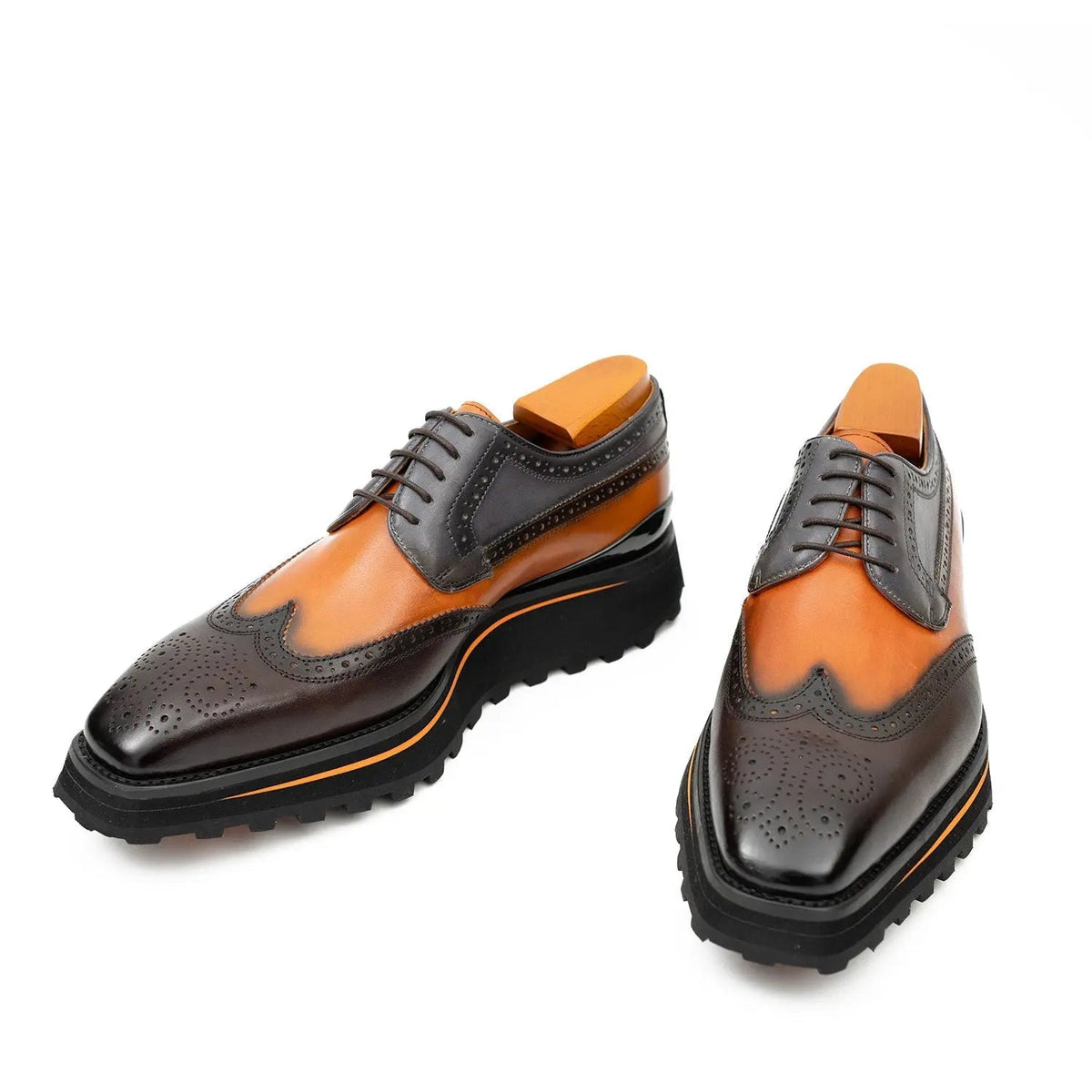 Orange-Brown Wingtip Calf Leather Derby Shoes