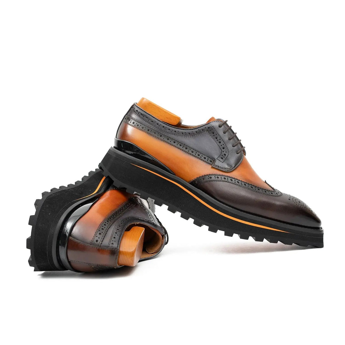 Orange-Brown Wingtip Calf Leather Derby Shoes