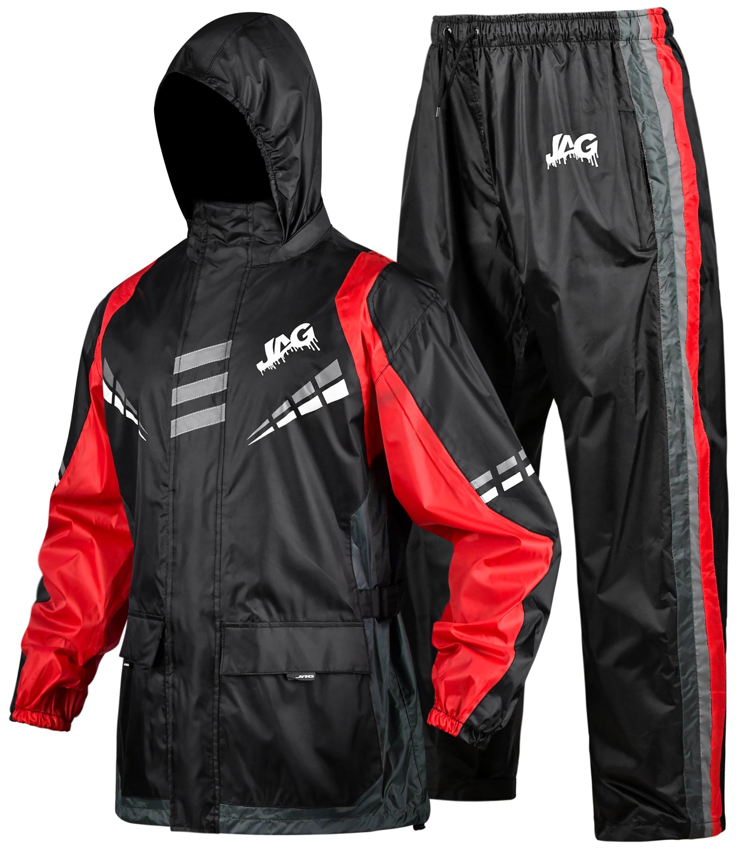 Traje de lluvia JAG Rainmaster para hombres y mujeres (Negro Rojo)