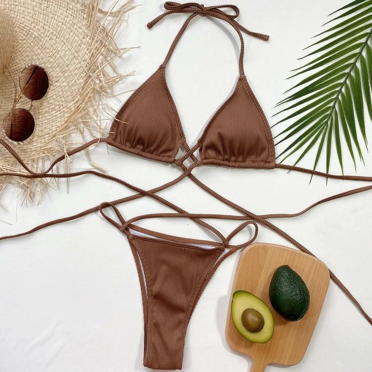 Trendsi Halter Bikini Set Women's Beach Swimwear High Cut, Crisscross Design