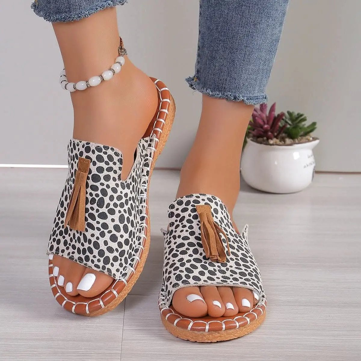 Shoes Trendsi Trendy leopard print sandals with fringe