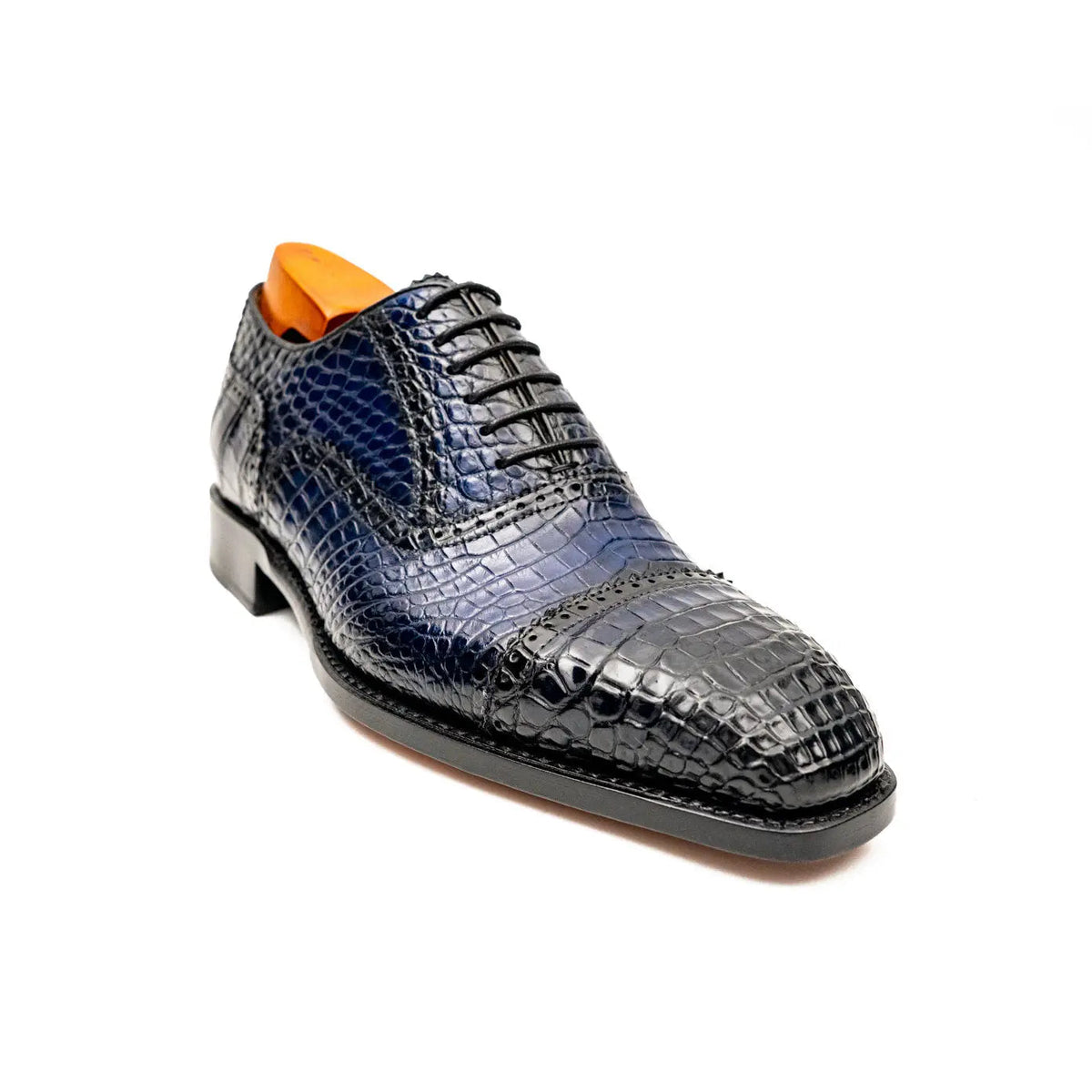 Blue Cap-Toe Crocodile Leather Oxford Shoes
