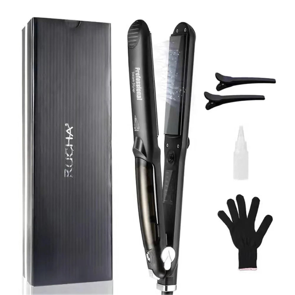 RUCHA Infrared Steam Hair Straightener 2 Inches Wide Plate Hair Salon Steampod Ironing Styler Ceramic Tourmaline Flat Iron