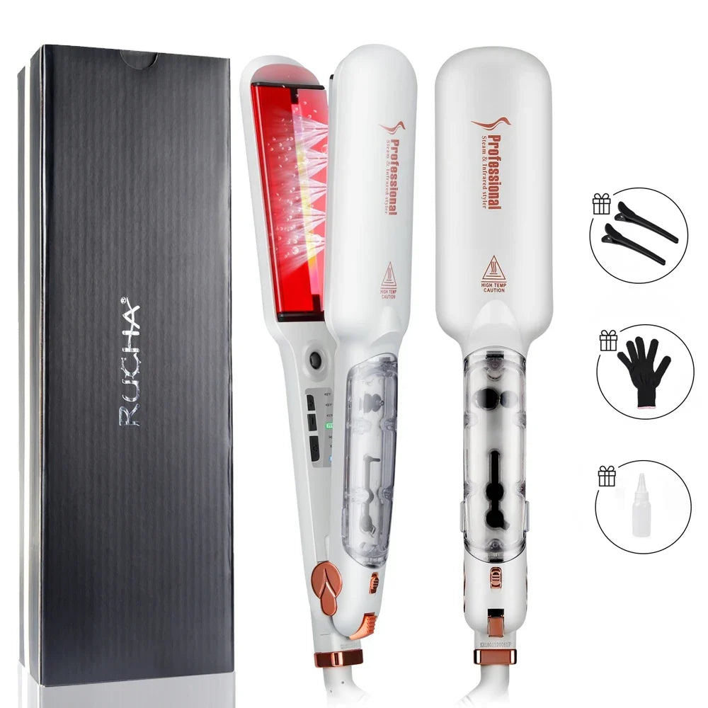 RUCHA Infrared Steam Hair Straightener 2 Inches Wide Plate Hair Salon Steampod Ironing Styler Ceramic Tourmaline Flat Iron