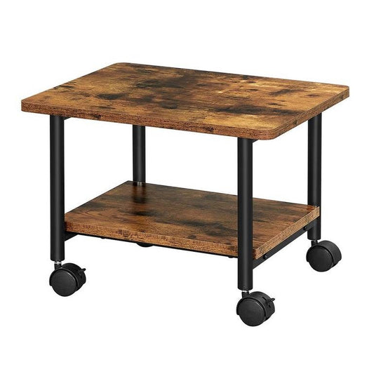 Carrito para impresora de metal negro industrial y madera rústica con estante inferior para papel