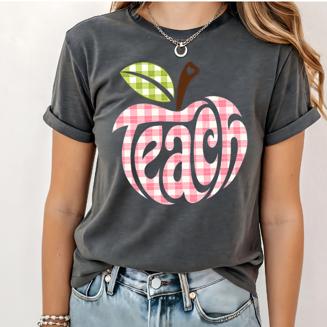 Teach Apple checkered gingham | 100% Cotton Tshirt | Christian Shirt | Stylish Trendy Apparel nn