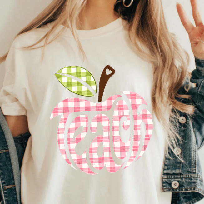Teach Apple checkered gingham | 100% Cotton Tshirt | Christian Shirt | Stylish Trendy Apparel nn