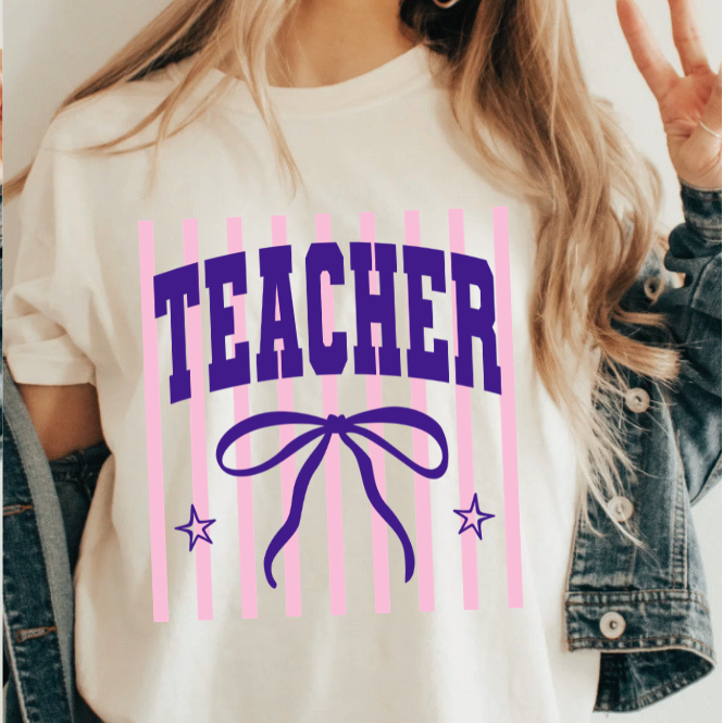 Croquette bow striped Teacher shirt | 100% Cotton Tshirt | teacher Shirt | Stylish Trendy School Apparel nn