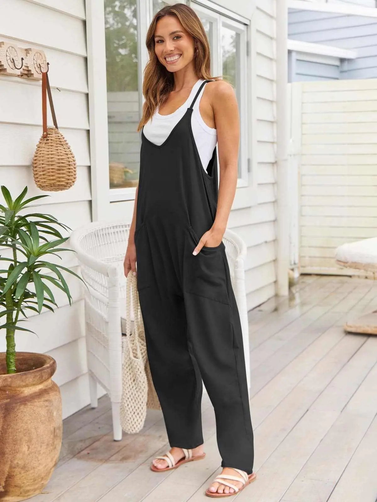 Accessories Trendsi V-Neck Jumpsuit Women's Casual Romper Comfy Pocket One-Piece