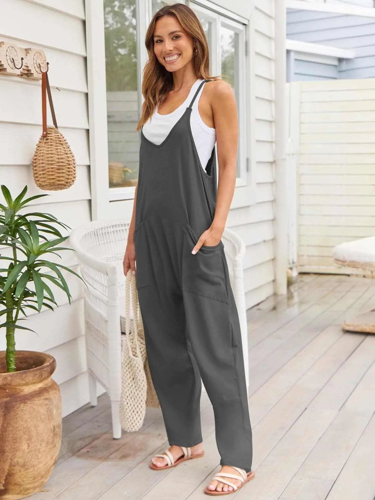 Accessories Trendsi V-Neck Jumpsuit Women's Casual Romper Comfy Pocket One-Piece
