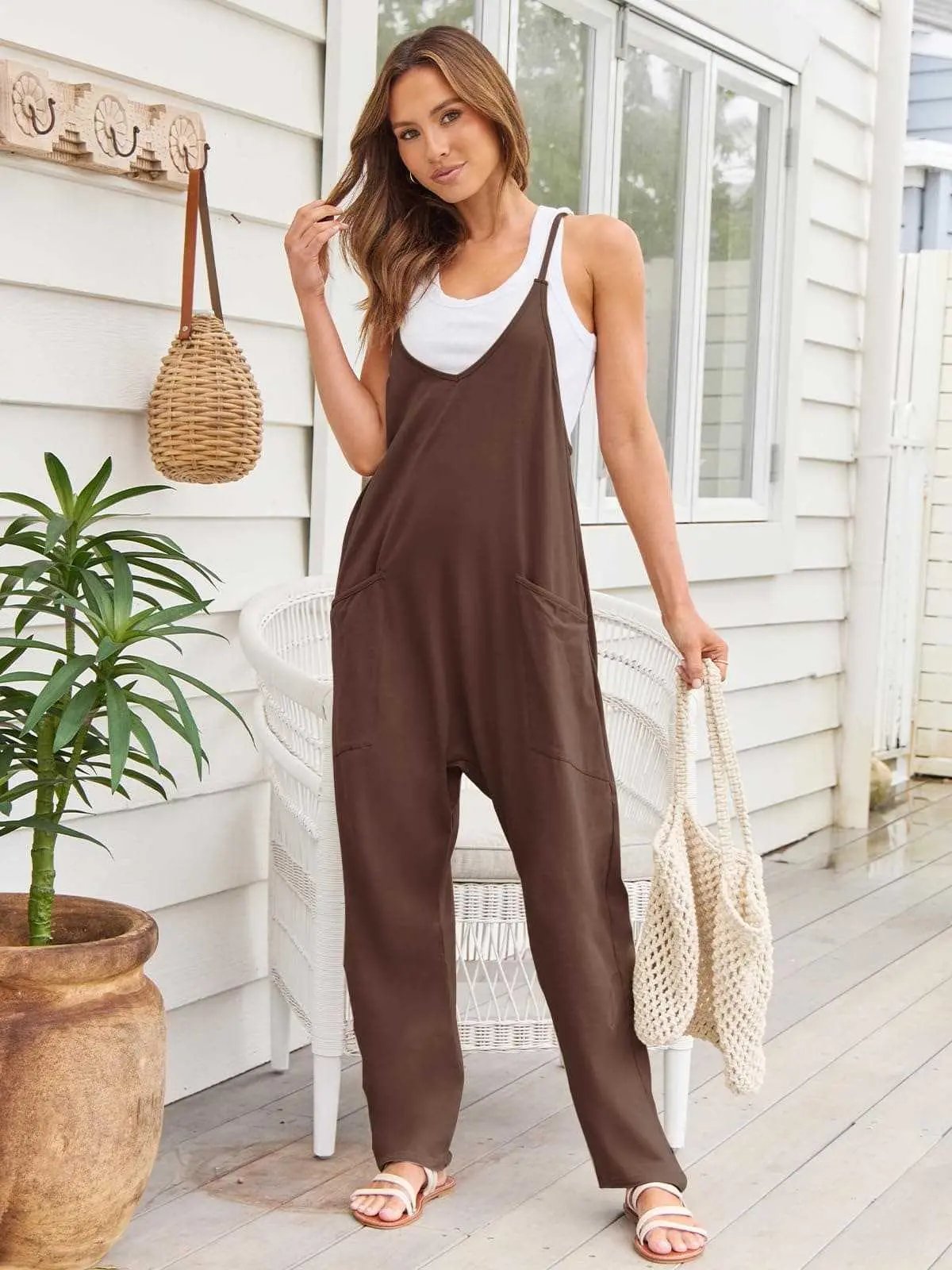 Accessories Trendsi V-Neck Jumpsuit Women's Casual Romper Comfy Pocket One-Piece