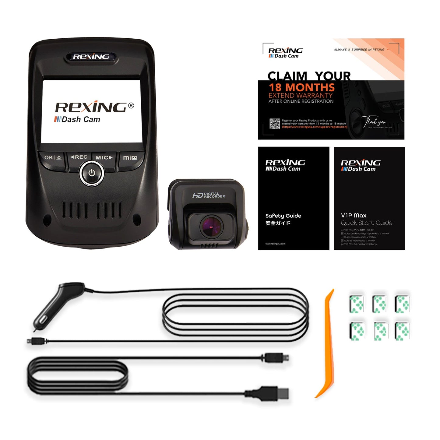 Rexing V1P Max 4K UHD Cámara de salpicadero de doble canal 4K 3840×2160 Delantera + 1080p Trasera con Wi-Fi y GPS