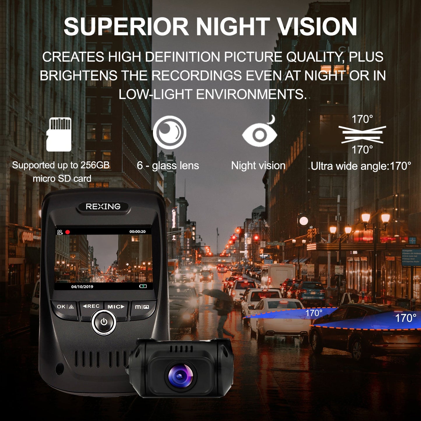 Rexing V1P Max 4K UHD Cámara de salpicadero de doble canal 4K 3840×2160 Delantera + 1080p Trasera con Wi-Fi y GPS
