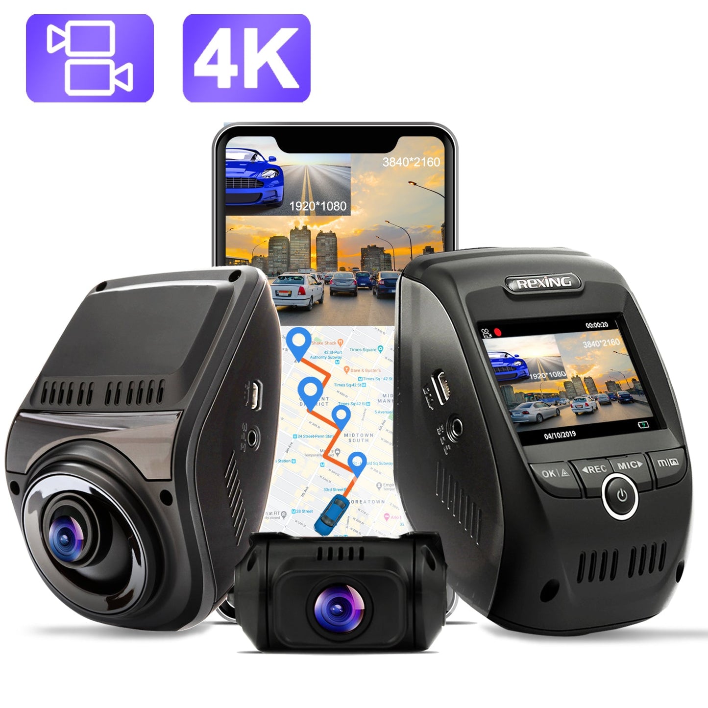 Rexing V1P Max 4K UHD Cámara de salpicadero de doble canal 4K 3840×2160 Delantera + 1080p Trasera con Wi-Fi y GPS