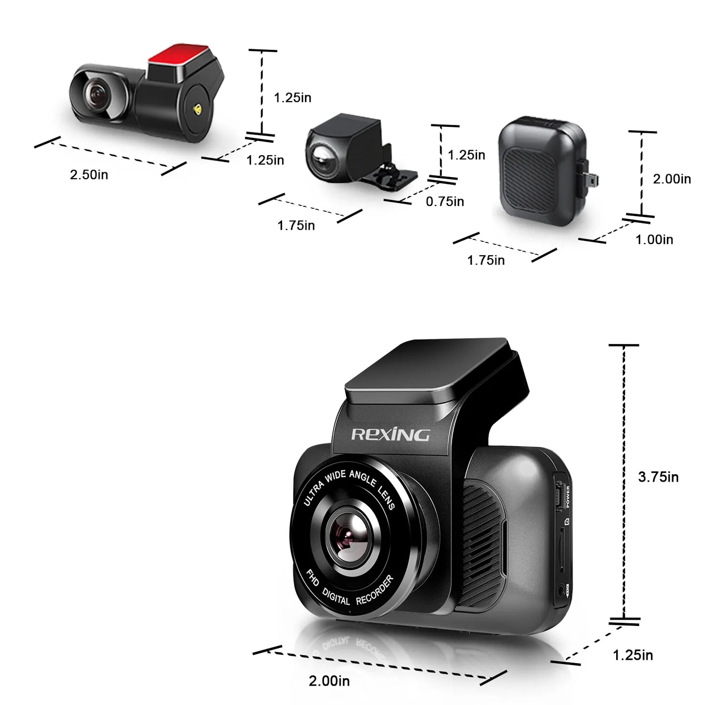 Cámara de salpicadero Rexing V5 Bundle 3 canales premium 4K con Wi-Fi y GPS