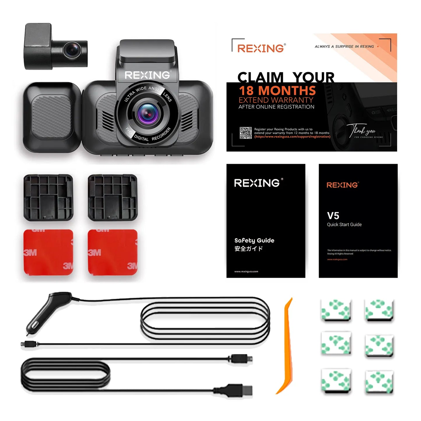 Cámara de salpicadero Rexing V5 Bundle 3 canales premium 4K con Wi-Fi y GPS
