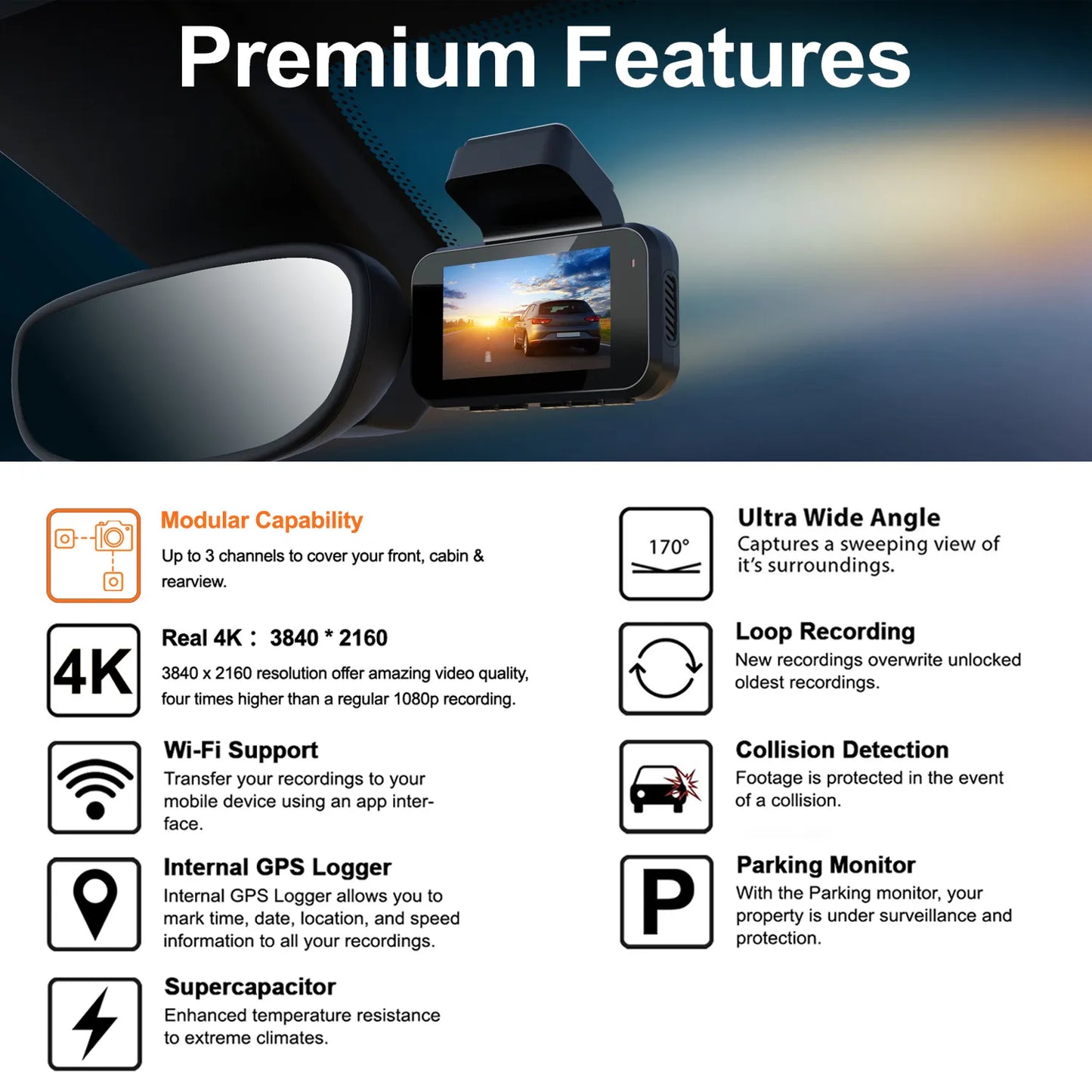 Cámara de salpicadero Rexing V5 Bundle 3 canales premium 4K con Wi-Fi y GPS
