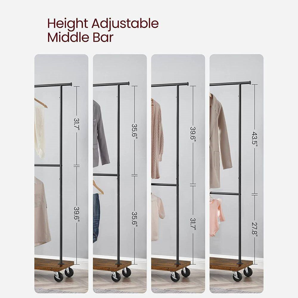 Estante para ropa estilo industrial, barra doble para colgar ropa, con ruedas
