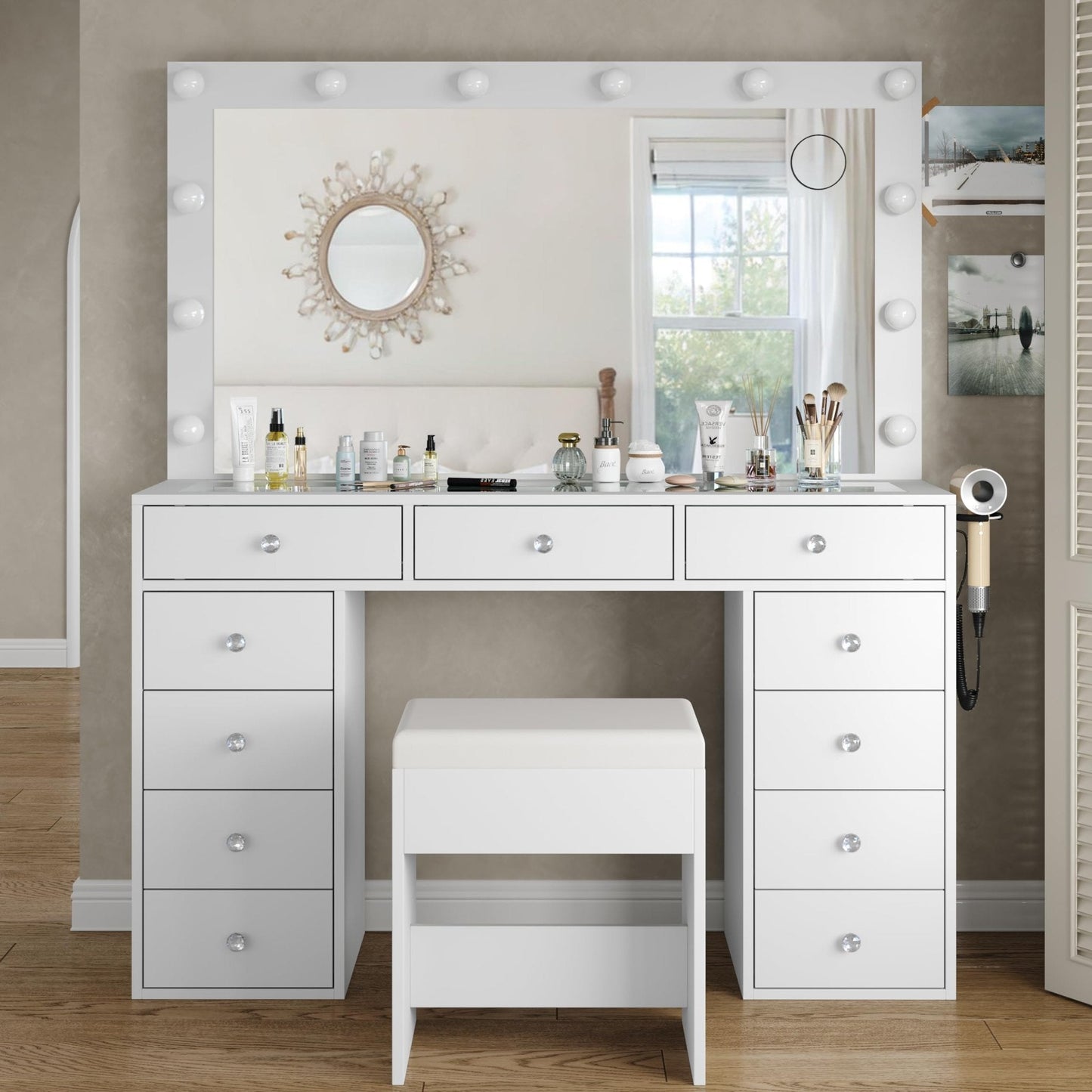 Vektaya US-VD003 Bedroom Makeup Vanity desk with LED Mirror, 11 Drawers