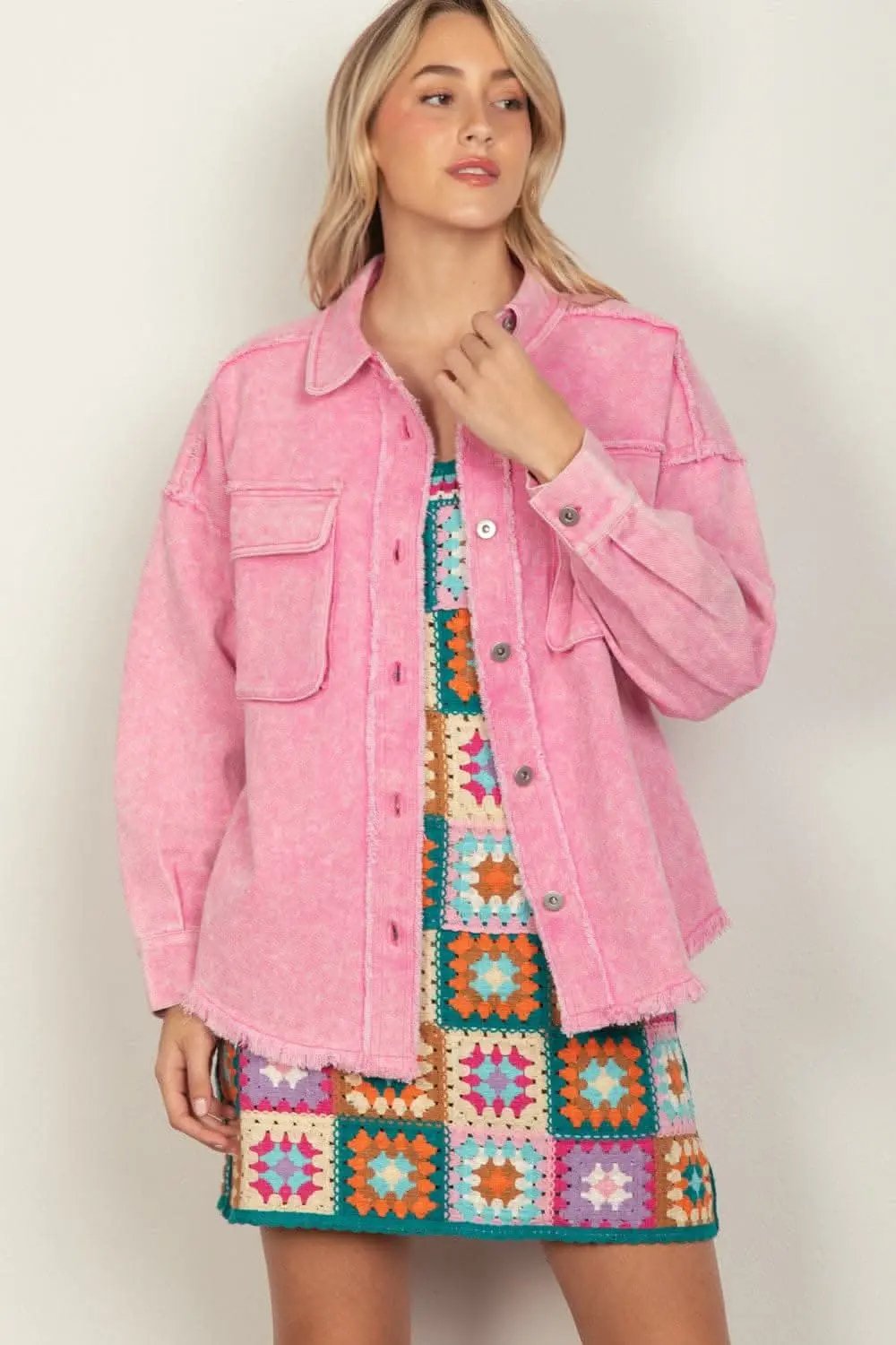 Jackets Trendsi Raw Hem Jacket Women's Casual Long Sleeve Button Up Top USA Shipped