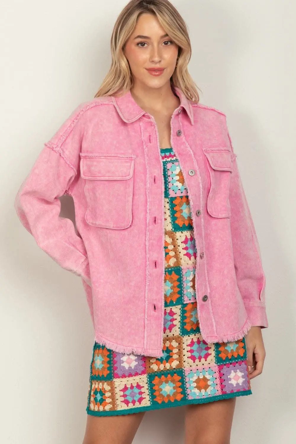 Jackets Trendsi Raw Hem Jacket Women's Casual Long Sleeve Button Up Top USA Shipped