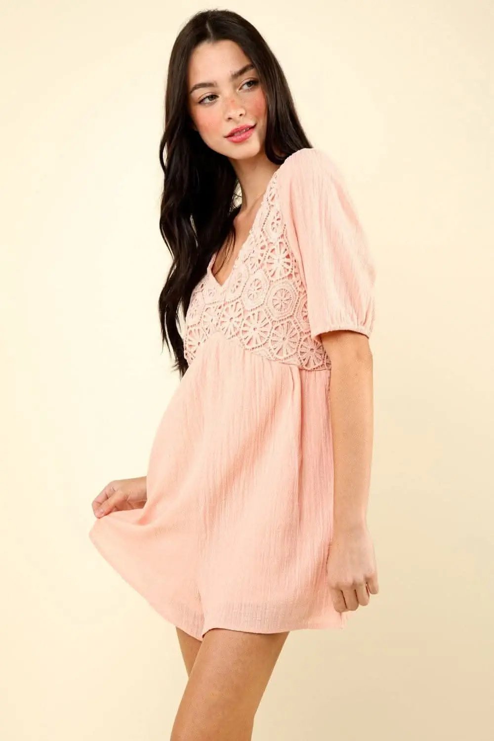 Jumpsuits & Rompers Trendsi VERY J Lace Detail Puff Sleeve Romper with Pockets