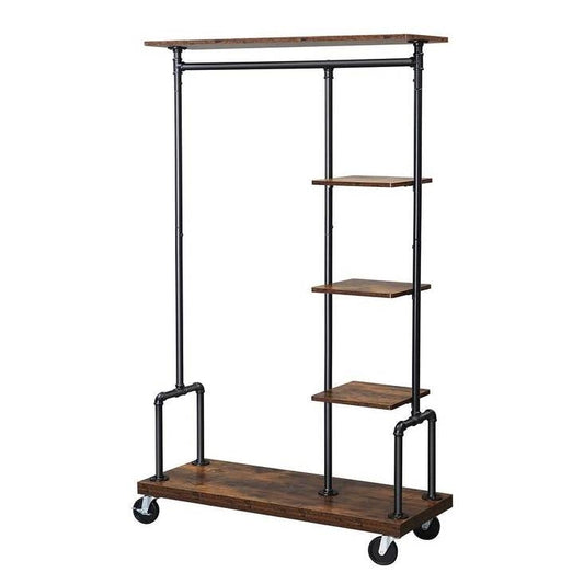 Estantería para ropa de tubo metálico industrial con estantes de madera y ruedas