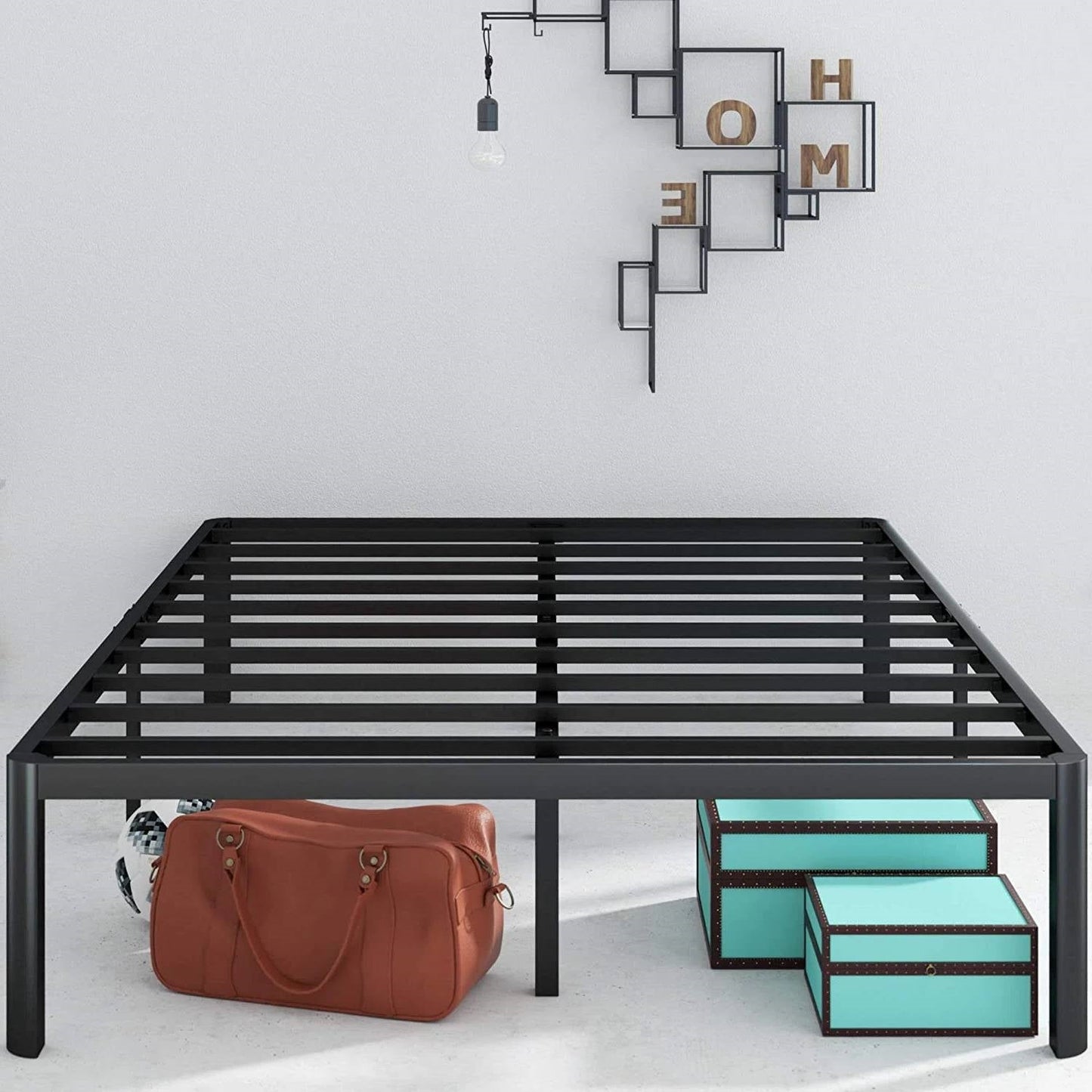 Base de cama tipo plataforma King de metal con patas redondeadas, capacidad de peso de 700 lb