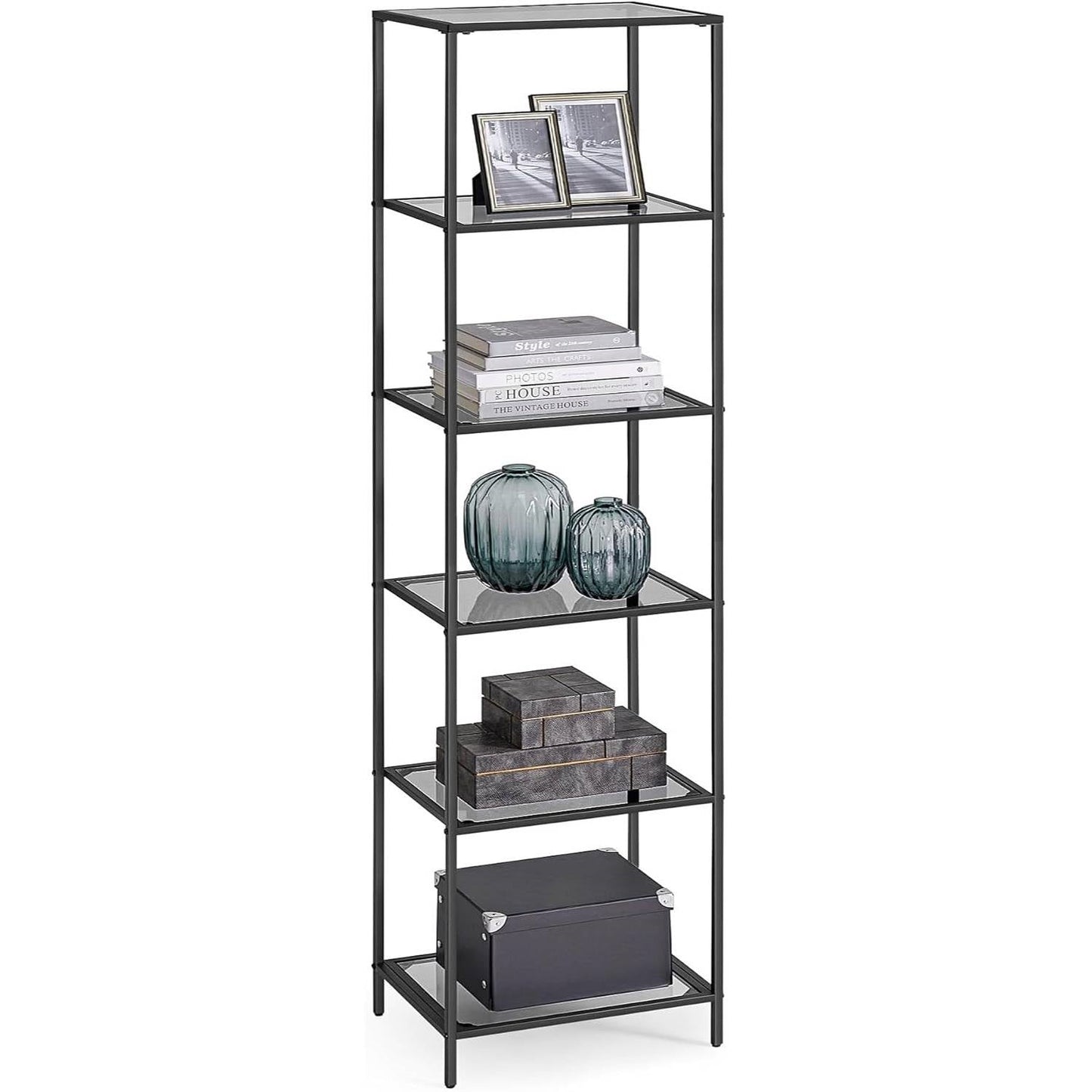 Estantería de cristal estrecha con 5 estantes y estructura metálica en gris y negro