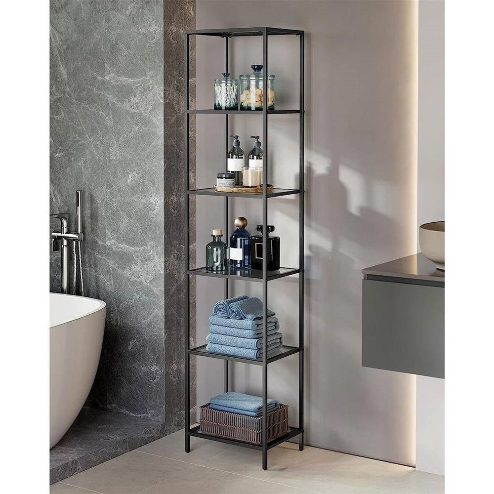 Estantería de cristal estrecha con 5 estantes y estructura metálica en gris y negro