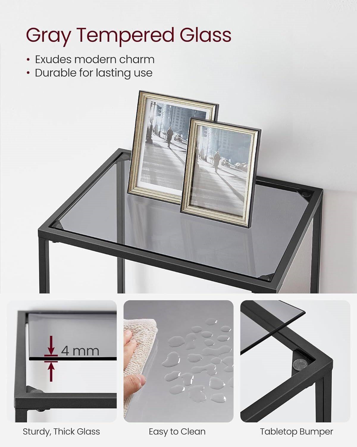 Estantería de cristal estrecha con 5 estantes y estructura metálica en gris y negro