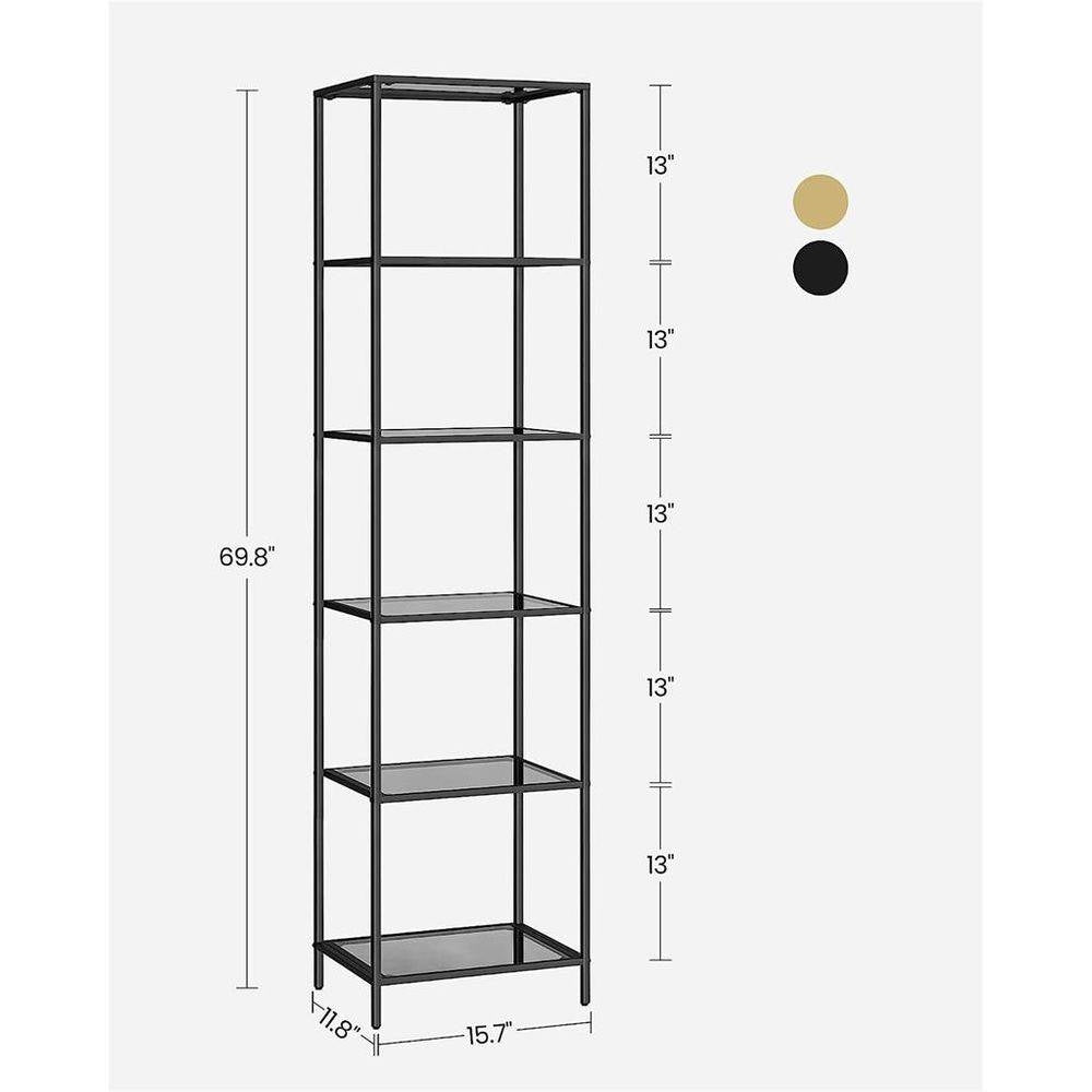 Estantería de cristal estrecha con 5 estantes y estructura metálica en gris y negro