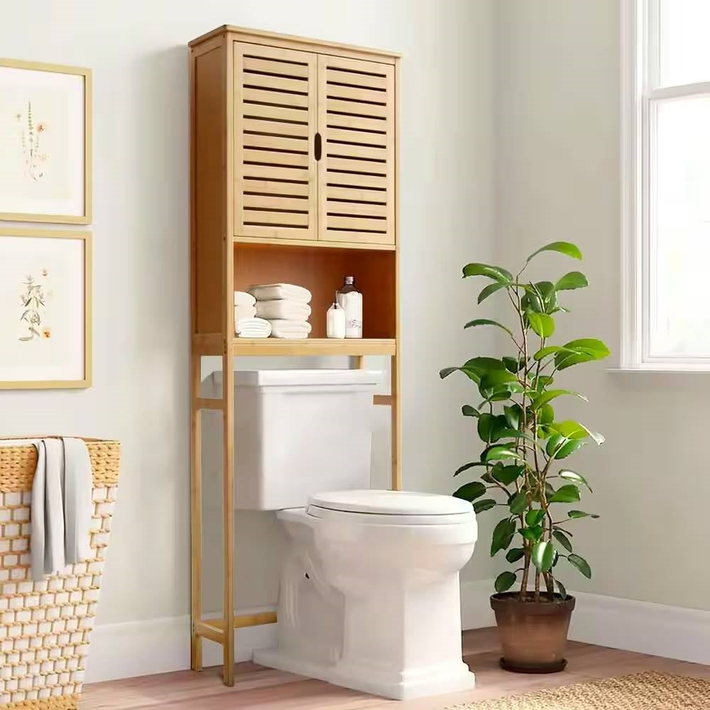Estantería organizadora de baño para encima del inodoro con acabado de madera marrón claro y amarillo
