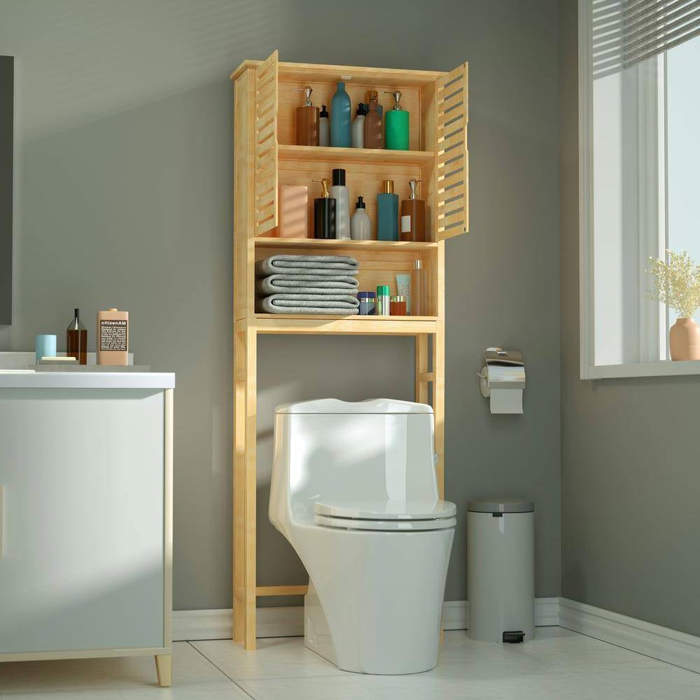 Estantería organizadora de baño para encima del inodoro con acabado de madera marrón claro y amarillo