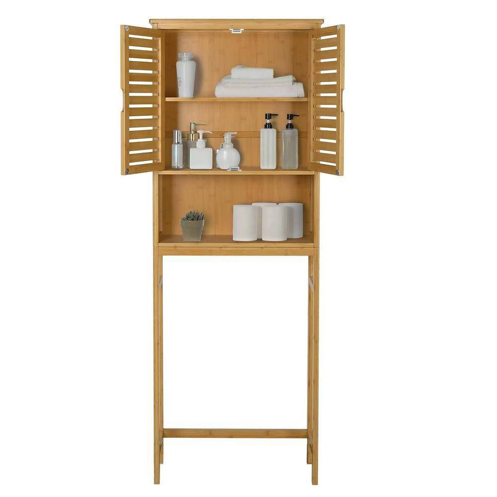 Estantería organizadora de baño para encima del inodoro con acabado de madera marrón claro y amarillo