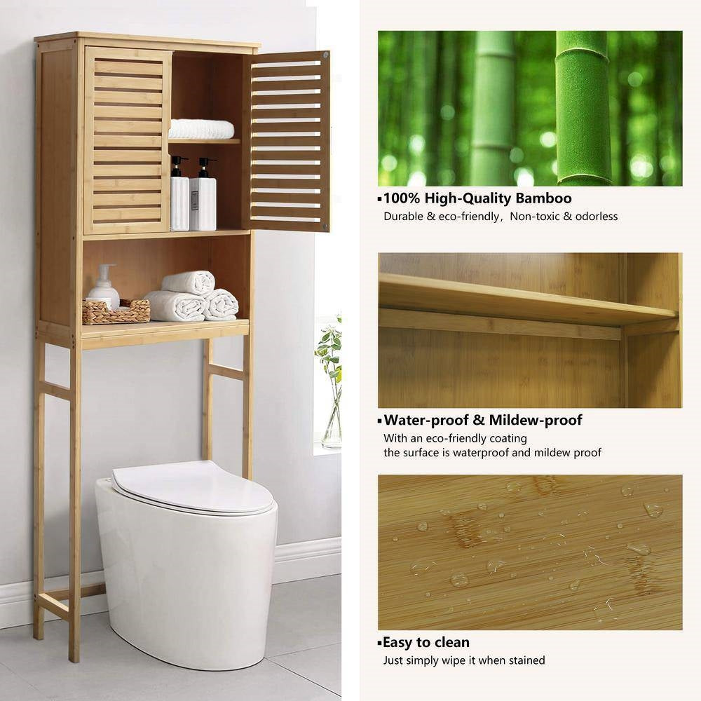 Estantería organizadora de baño para encima del inodoro con acabado de madera marrón claro y amarillo