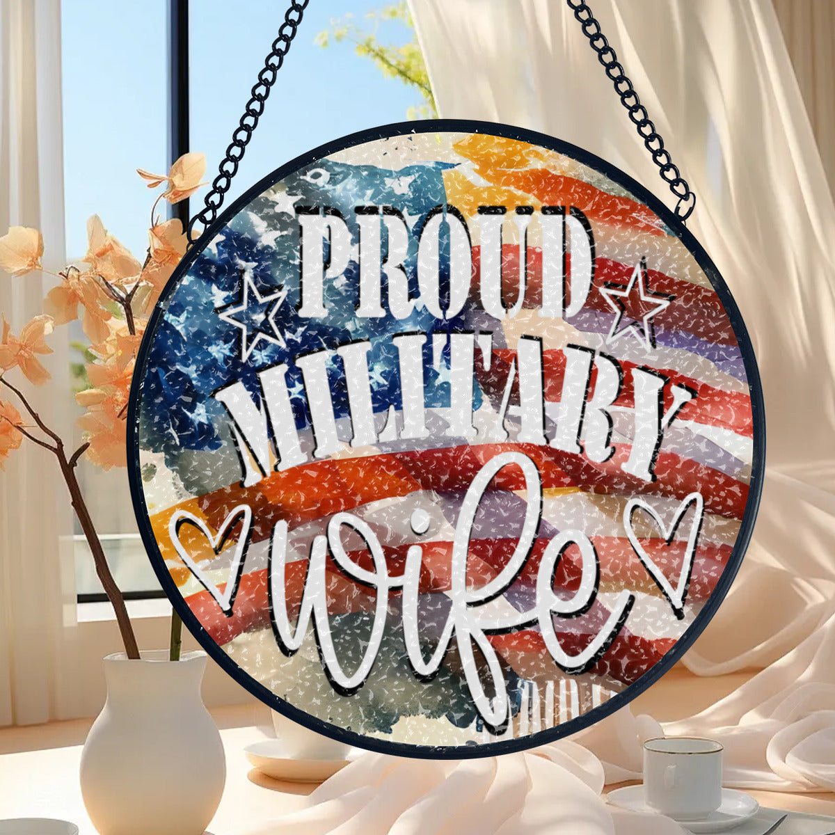 United States Proud Military Wife Glass Suncatcher