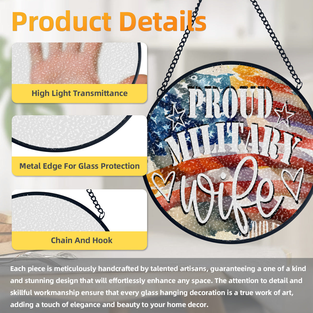 United States Proud Military Wife Glass Suncatcher