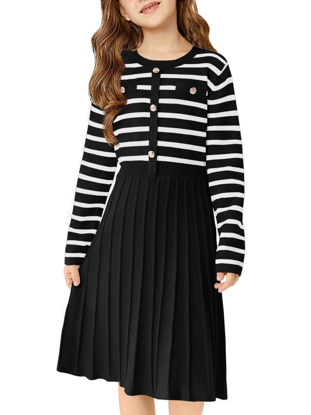 Haloumoning Girls Sweater Dress Knit Long Sleeve Striped A Line Pleated Fall Winter Dresses 7-8 Years-Black - # GIAA21210010